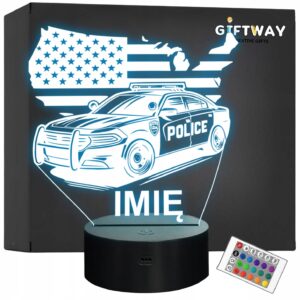 Lampka Nocna LED Imię Wóz Policyjny Radiowóz z Flagą na Prezent Grawer v.6