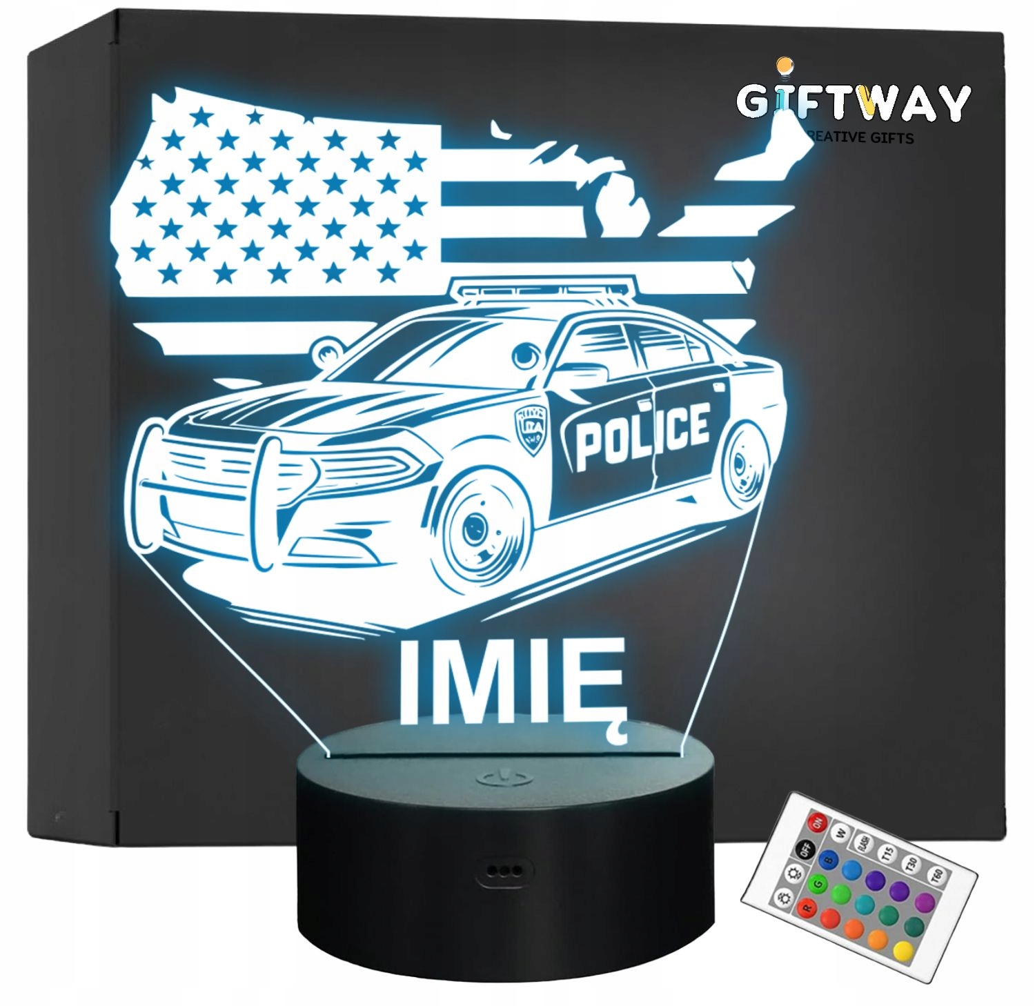 Lampka Nocna LED Imię Wóz Policyjny Radiowóz z Flagą na Prezent Grawer v.6 Lampka Nocna LED Imię Wóz Policyjny Radiowóz z Flagą na Prezent Grawer v.6