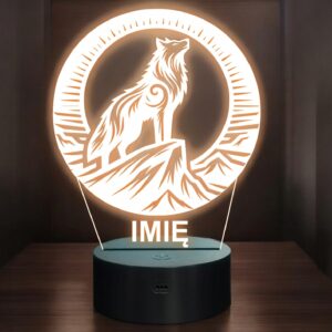 Lampka Nocna LED Statuetka Wilk w Księżycu na Prezent Grawer v.4