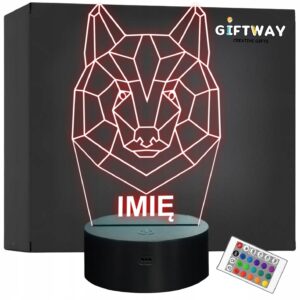 Lampka Nocna LED 3D Z Imieniem Grawer Wilk na Prezent Personalizowana