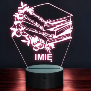 Lampka Nocna LED Imię Statuetka Książki i Kwiaty Kawiarnia Prezent Grawer