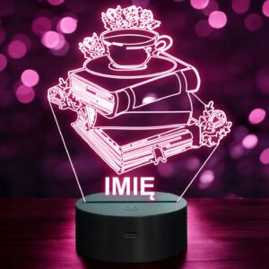 Lampka Nocna LED Imię Statuetka Książki i Kawa Kawiarnia na Prezent Grawer