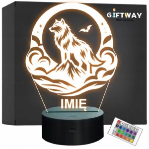 Lampka Nocna LED Statuetka Wilk w Księżycu Nietoperz na Prezent Grawer v.2