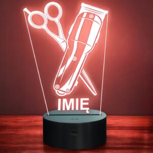 Lampka Nocna LED Imię Statuetka Barber Maszynka i Nożyczki Prezent Grawer