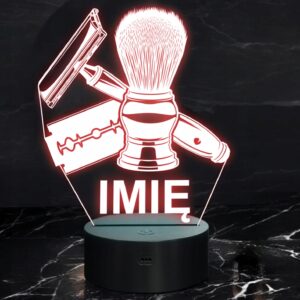 Lampka Nocna LED Imię Statuetka Barber Żyletka i Pędzel na Prezent Grawer