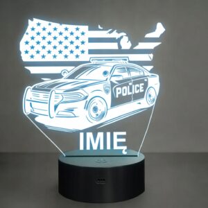 Lampka Nocna LED Imię Wóz Policyjny Radiowóz z Flagą na Prezent Grawer v.6