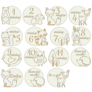 Drewniane Tabliczki Miesiące do Zdjęć Dziecka Pierwszy Rok Zwierzaki Białe