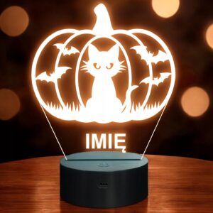 Lampka Nocna LED Imię Statuetka Halloween Dynia Kot na Prezent Grawer