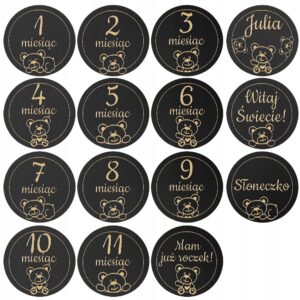 Drewniane Tabliczki z Miesiącami do Zdjęć Dziecka Pierwszy Rok Misie Czarne