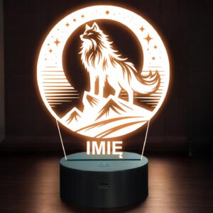 Lampka Nocna LED Statuetka Wilk w Księżycu na Prezent Grawer v.1