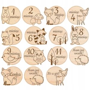 Drewniane Tabliczki Miesiące do Zdjęć Dziecka Pierwszy Rok Zwierzaki