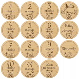 Drewniane Tabliczki z Miesiącami do Zdjęć Dziecka Pierwszy Rok Misie