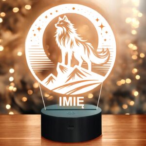 Lampka Nocna LED Statuetka Wilk w Księżycu na Prezent Grawer v.1