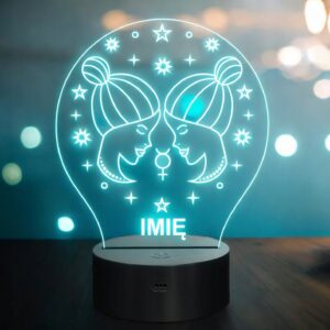 Lampka Nocna Bliźnięta LED Znak Zodiaku Horoskop z Imieniem Prezent Grawer