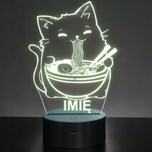 Lampka Nocna LED Imię Słodki Kot Jedzący Ramen Anime na Prezent Grawer v.2
