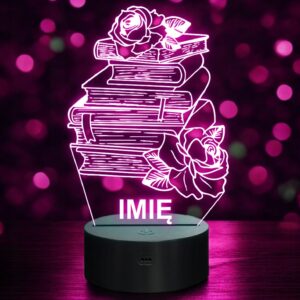 Lampka Nocna LED Imię Statuetka Książki z Różami Kawiarnia Prezent Grawer