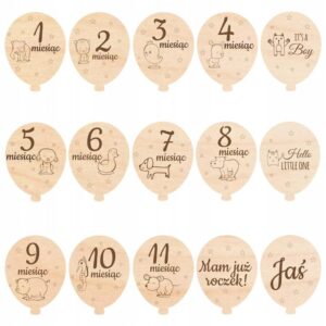 Drewniane Tabliczki Miesiące do Zdjęć Dziecka Pierwszy Rok Balony