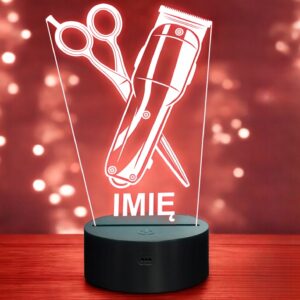 Lampka Nocna LED Imię Statuetka Barber Maszynka i Nożyczki Prezent Grawer