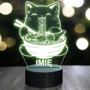 Lampka Nocna LED Imię Słodki Kot Jedzący Ramen Anime na Prezent Grawer v.1