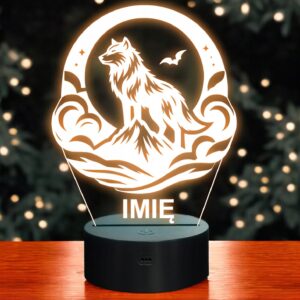 Lampka Nocna LED Statuetka Wilk w Księżycu Nietoperz na Prezent Grawer v.2
