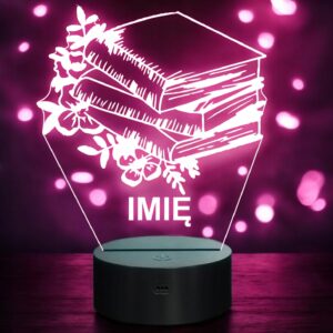 Lampka Nocna LED Imię Statuetka Książki i Kwiaty Kawiarnia Prezent Grawer