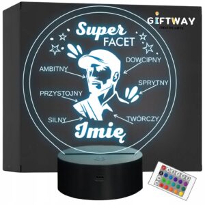Lampka Nocna LED Statuetka Dzień Chłopaka Super Facet na Prezent Grawer