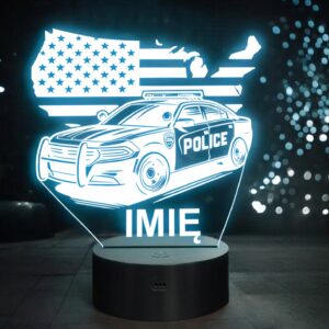 Lampka Nocna LED Imię Wóz Policyjny Radiowóz z Flagą na Prezent Grawer v.6