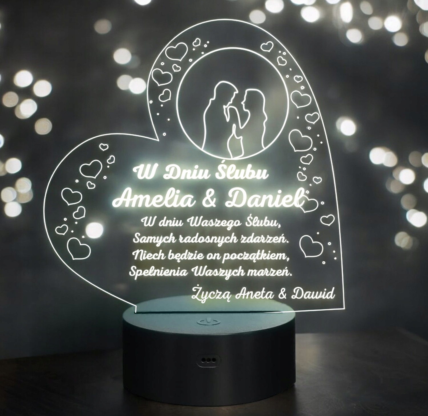 Lampka Nocna LED Prezent Ślubny na Ślub Pamiątka dla Pary Młodej Grawer v.2 Lampka Nocna LED Prezent Ślubny na Ślub Pamiątka dla Pary Młodej Grawer v.2