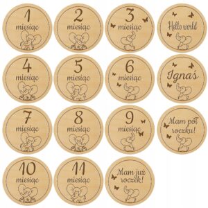 Drewniane Tabliczki z Miesiącami do Zdjęć Dziecka Pierwszy Rok Słonie