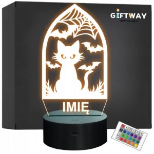 Lampka Nocna LED Imię Statuetka Halloween Ramka Kot na Prezent Grawer