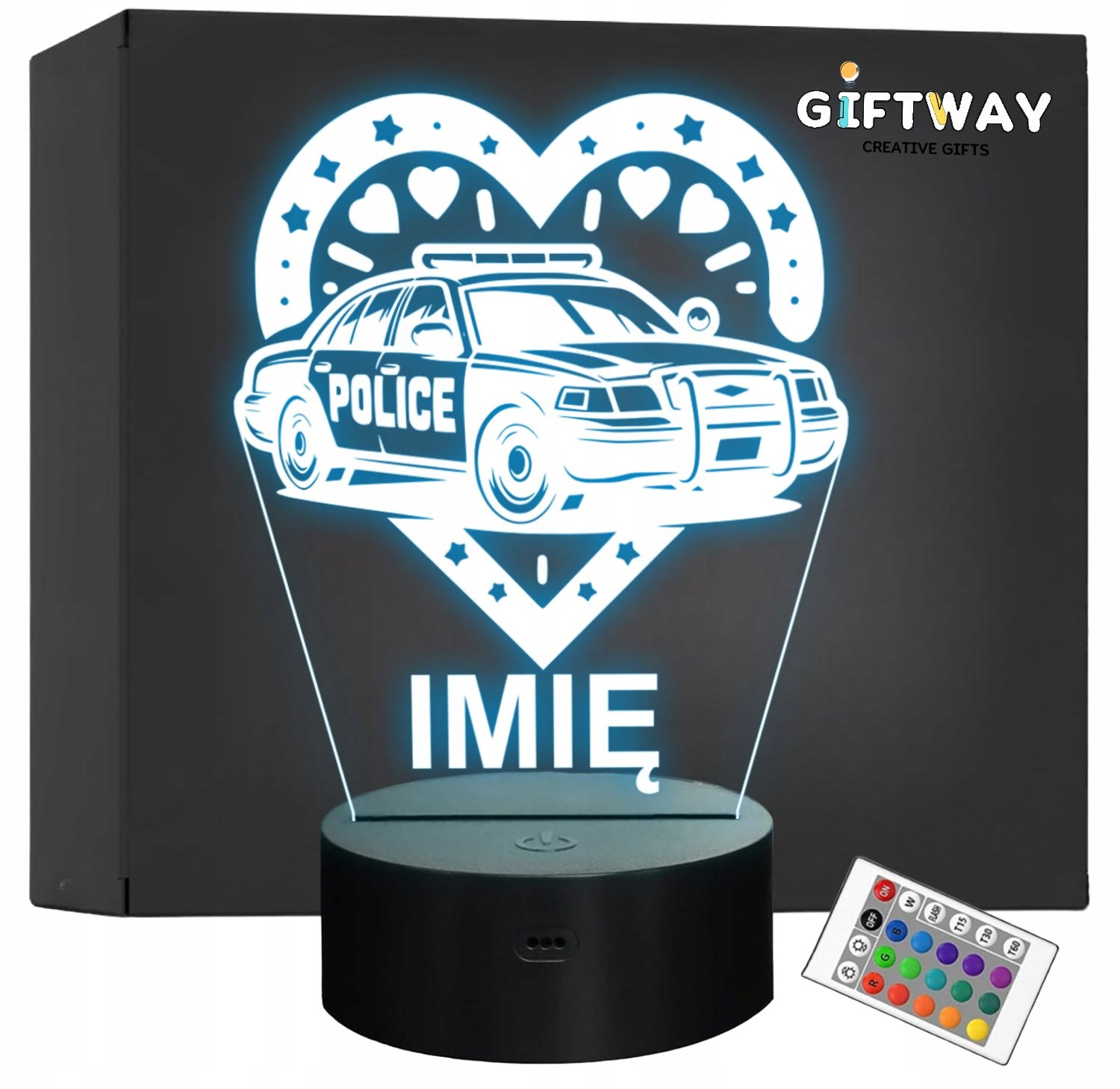 Lampka Nocna LED Imię Wóz Policyjny Radiowóz z Sercem na Prezent Grawer v.4 Lampka Nocna LED Imię Wóz Policyjny Radiowóz z Sercem na Prezent Grawer v.4