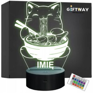 Lampka Nocna LED Imię Słodki Kot Jedzący Ramen Anime na Prezent Grawer v.1