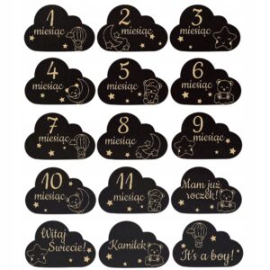 Drewniane Tabliczki Miesiące do Zdjęć Pierwszy Rok Chmurki Misie Czarne