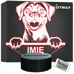 Lampka Nocna LED Puggle Rasa Psa z Imieniem na Prezent