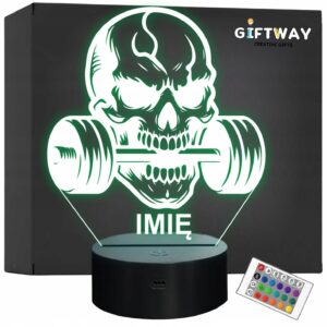 Lampka Nocna LED Imię Statuetka Czaszka Hantle Siłownia Prezent Grawer