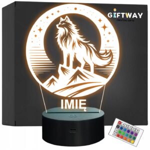 Lampka Nocna LED Statuetka Wilk w Księżycu na Prezent Grawer v.1