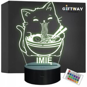 Lampka Nocna LED Imię Słodki Kot Jedzący Ramen Anime na Prezent Grawer v.2