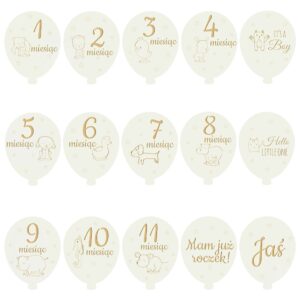 Drewniane Tabliczki Miesiące do Zdjęć Dziecka Pierwszy Rok Balony Białe