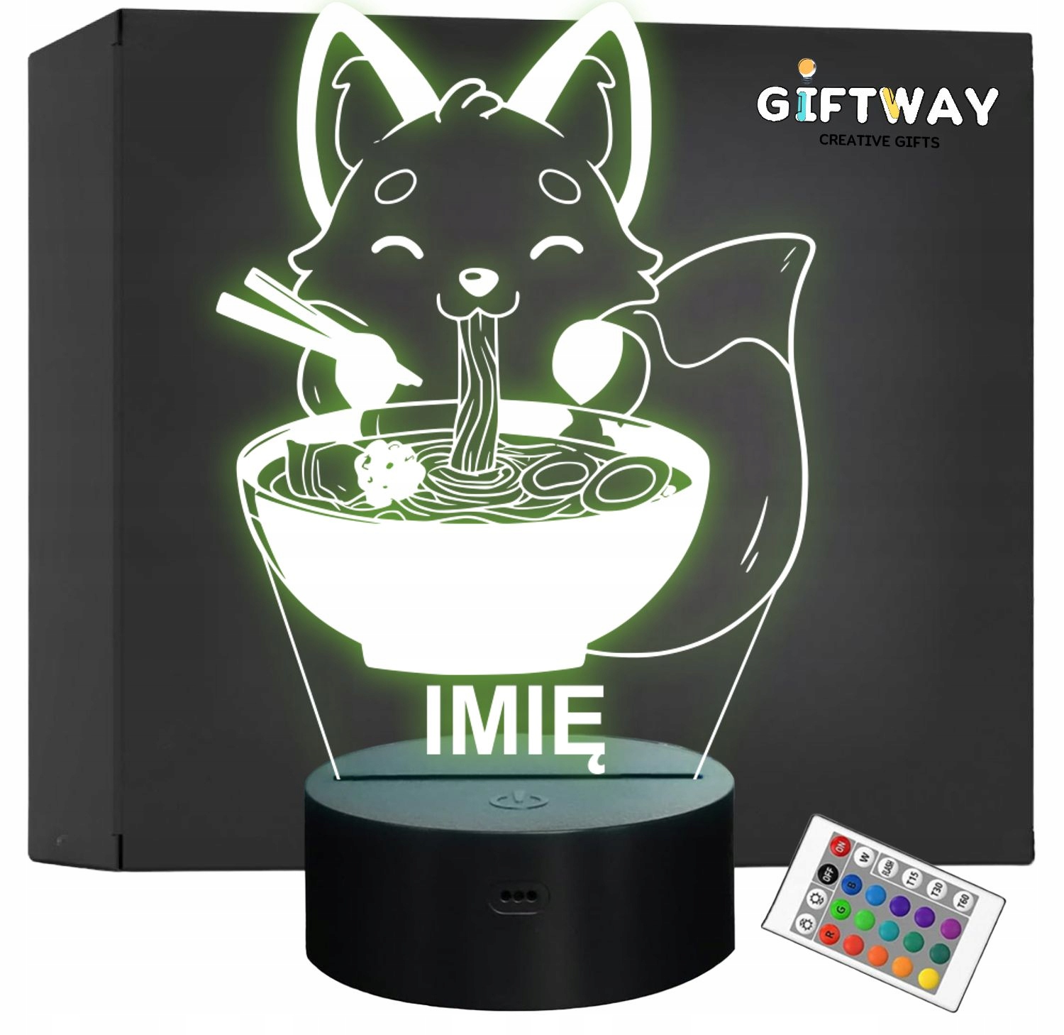 Lampka Nocna LED Imię Słodki Lis Jedzący Ramen Anime na Prezent Grawer v.1 Lampka Nocna LED Imię Słodki Lis Jedzący Ramen Anime na Prezent Grawer v.1