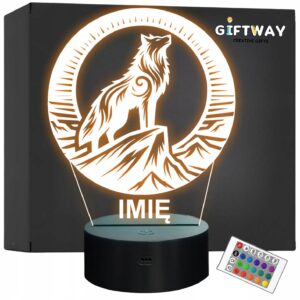 Lampka Nocna LED Statuetka Wilk w Księżycu na Prezent Grawer v.4