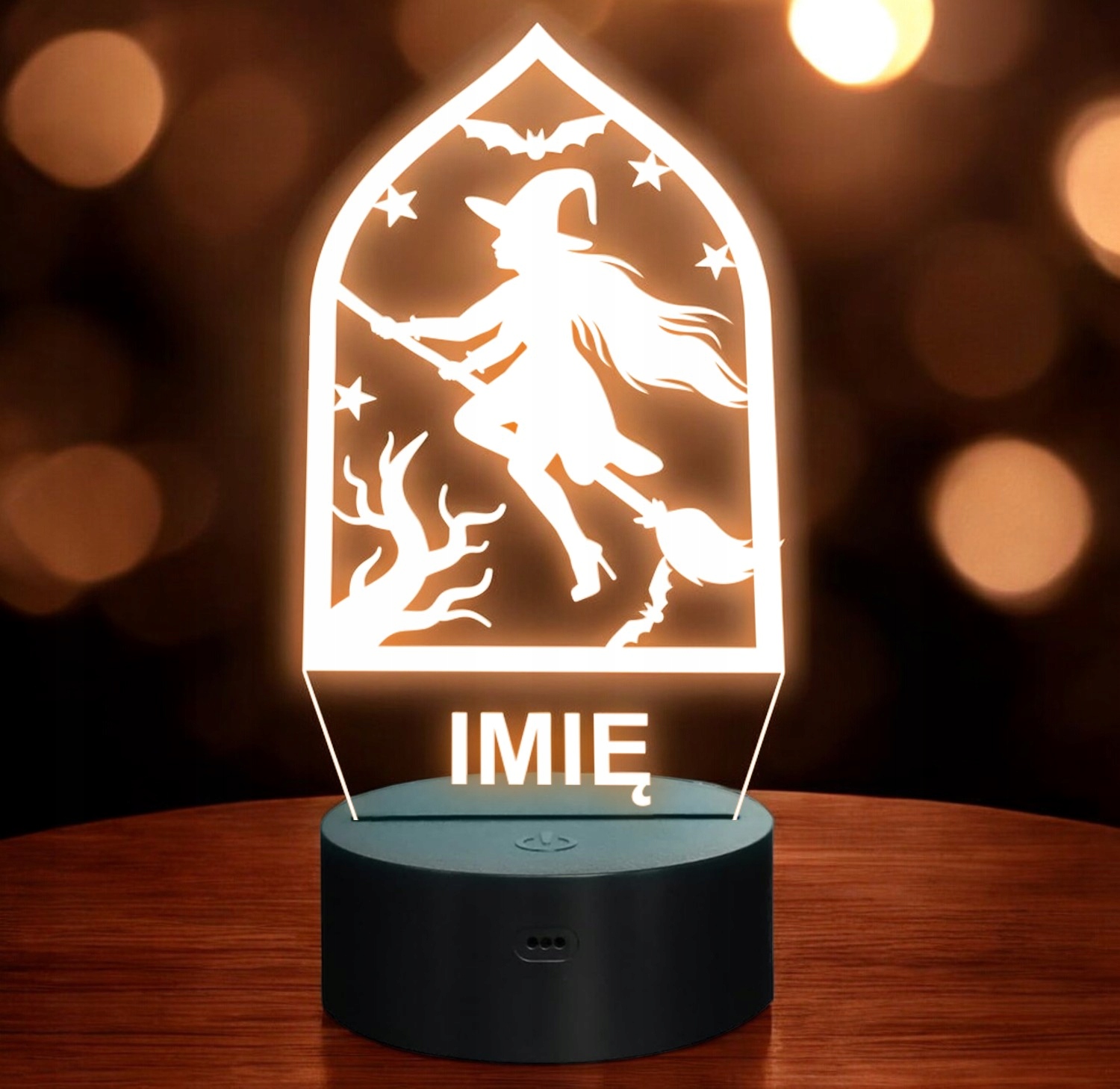 Lampka Nocna LED Imię Halloween Czarownica na Miotle Prezent Grawer Lampka Nocna LED Imię Halloween Czarownica na Miotle Prezent Grawer