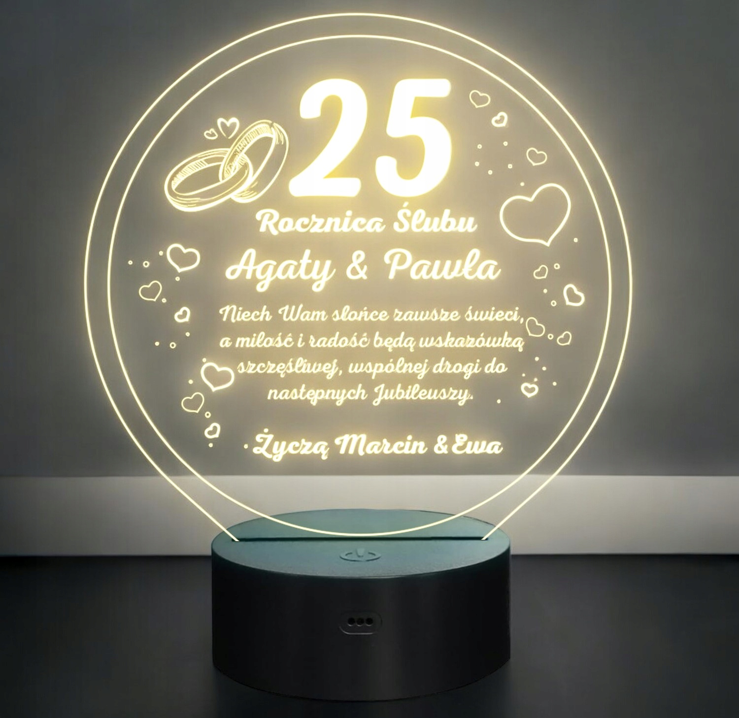 Lampka Nocna LED Statuetka Pamiątka 25 Rocznica Ślubu Prezent Grawer Lampka Nocna LED Statuetka Pamiątka 25 Rocznica Ślubu Prezent Grawer