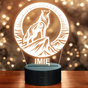 Lampka Nocna LED Statuetka Wilk w Księżycu na Prezent Grawer v.4