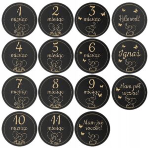 Drewniane Tabliczki Miesiące do Zdjęć Dziecka Pierwszy Rok Słonie Czarne