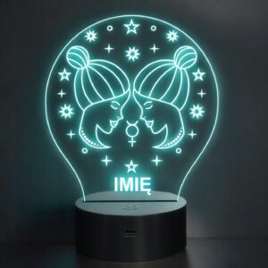 Lampka Nocna Bliźnięta LED Znak Zodiaku Horoskop z Imieniem Prezent Grawer