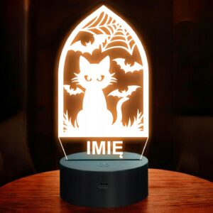 Lampka Nocna LED Imię Statuetka Halloween Ramka Kot na Prezent Grawer
