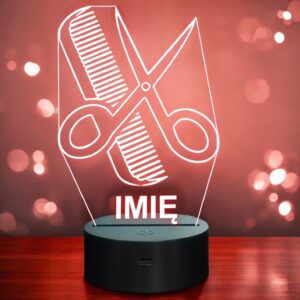 Lampka Nocna LED Imię Statuetka Fryzjer Nożyczki Grzebień Prezent Grawer v2