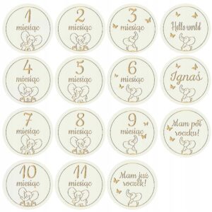 Drewniane Tabliczki z Miesiącami do Zdjęć Dziecka Pierwszy Rok Słonie Białe