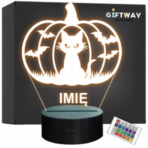 Lampka Nocna LED Imię Statuetka Halloween Dynia Kot na Prezent Grawer