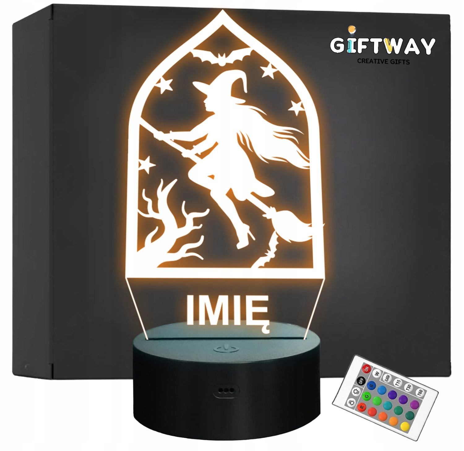Lampka Nocna LED Imię Halloween Czarownica na Miotle Prezent Grawer Lampka Nocna LED Imię Halloween Czarownica na Miotle Prezent Grawer
